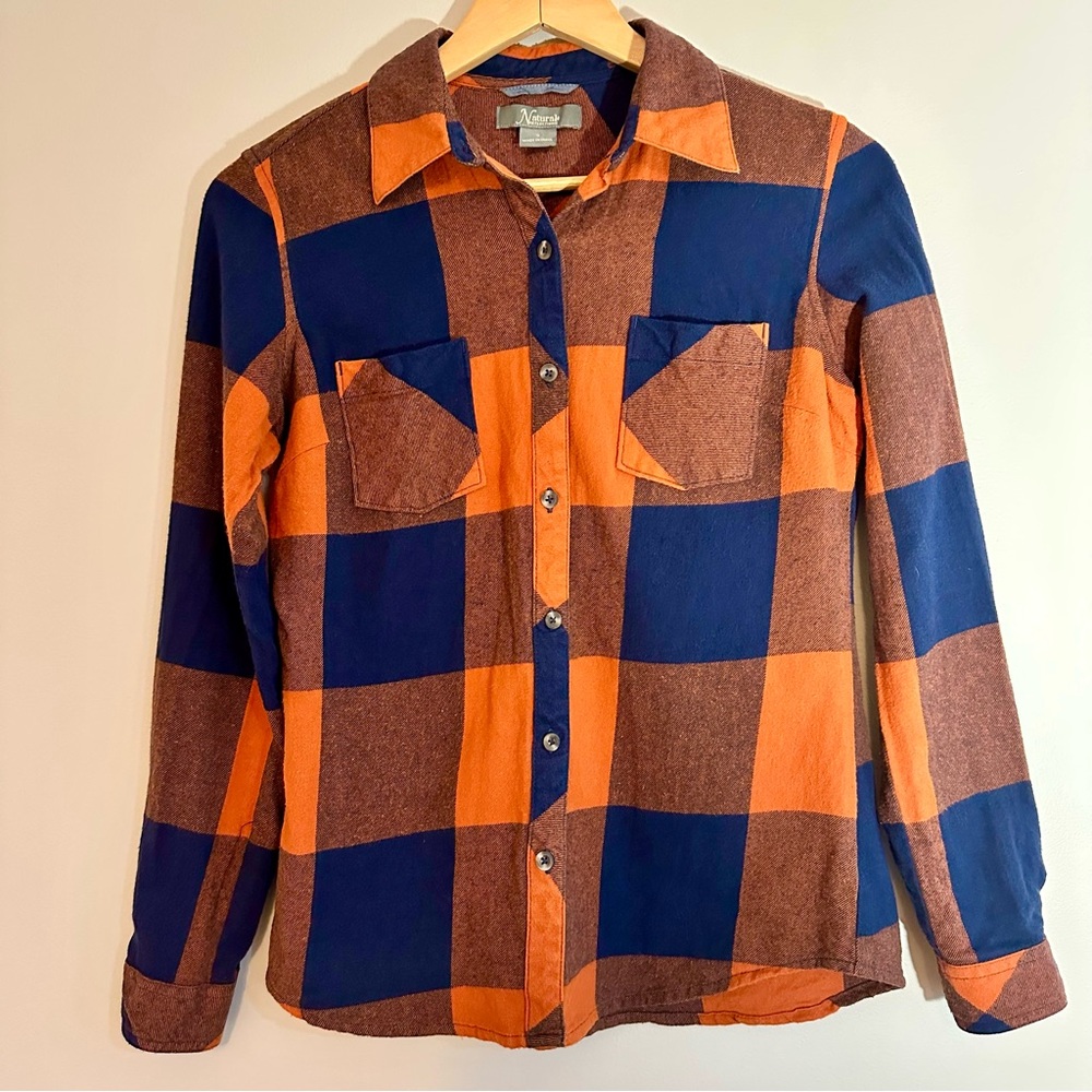 Natural Reflections Plaid Button-up Flannel Shirt, Navy and Burnt Orange, Small - Picture 1 of 9